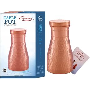 Pure Copper Hammered Pitcher with Inbuilt Tumbler | Ayurvedic Solid Copper Water Bottle Drinking Jar with Cup Galss | Best Use Carafe for Office, Bedroom, Dining Table Pot 37oz / 1100 ML / 1.1 Liter