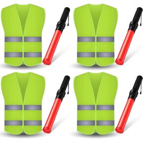 Kanayu 8 Pcs 16 Inch Signal Traffic Wand High Visibility Safety Vest Set Include 4 Pcs Reflective Safety Vest 4 Pcs Traffic Control Light Security Wands for Traffic Airport Parking (Neon Green)