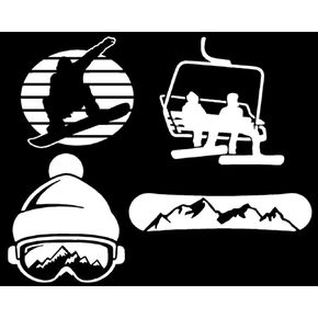 Snowboarding Decal 4 Pack: Snowboard Mountain, Goggles Beanie, Chairlift, Silhouette (Small ~3.5", White)