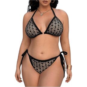 Women's Plus Size Bathing Suit Backless Textured Halter Neck Swimsuit Tie Side Thongs Bikini Sets