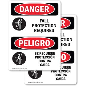 (2 Pack) Fall Protection Required Bilingual OSHA Danger Sign 7 Inch X 10 Inch Vinyl Label Decal Sticker Weather Resistant, UV Protected for Workplace, Business, and Construction Site, Made in the USA