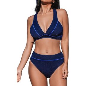 CUPSHE Women's Bikini Sets High Waisted Two Piece Swimsuit V NeckColor Block Crisscross Back Self Tie Double Straps
