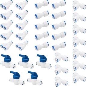 1/4" Quick Connect Push In to Connect for RO Water Reverse Osmosis System Water Tube Fitting Pack of 35 (ball valve+T+I+Y Type Combo)