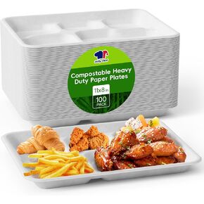 JOLLY CHEF Compostable 5 Compartment Paper Plates 11 * 8 inch [100 Pack] Heavy Duty Natural Divided Disposable Plate Eco-Friendly Biodegradable Plate Food Trays for Party Dinner Lunch Buffet