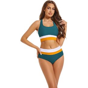 2 Piece Swimsuit for Women 2024 High-Waisted Color Block Bathing Suits Modest Sporty Bikinis Set