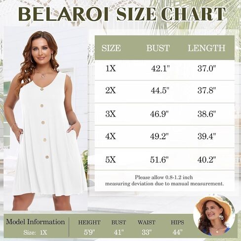 فساتين BELAROI للسيدات بمقاسات كبيرة للصيف فستان صيفي للشاطئ كاجوال بياقة على شكل V وأزرار بدون أكمام مع جيوب in Kuwait