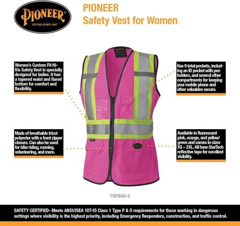 Pioneer Safety Vest for Women With Pockets - Hi-Vis Reflective Tape - For Construction - Pink in Saudi Arabia