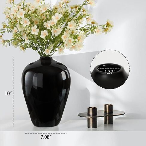 Black Ceramic Vase, Flower Vase for Home Decor, Decorative Vase, 10 Inch Porcelain Vase for Fresh Flowers, Dried Flowers, Boho Vase for Living Room, Kitchen, Bathroom, Bedroom, Dining Table, Office in Saudi Arabia