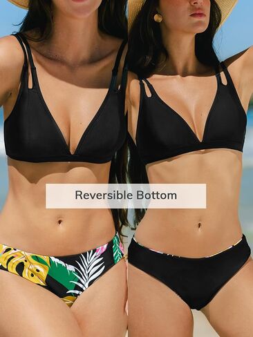 CUPSHE Women's Bikini Sets Two Piece Bathing Suit V Neck Double Straps Mid Rise Back Hook Reversible Bottom in Saudi Arabia