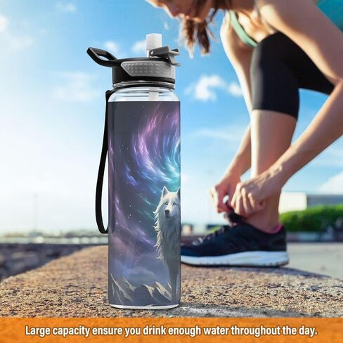 Water Bottle with Straw and Anti-dust Cover White Wolf on Mountain Top Drinking Bottle Tritan BPA-Free for School, Fitness, Gym, Camping, Outdoor Sports in Kuwait