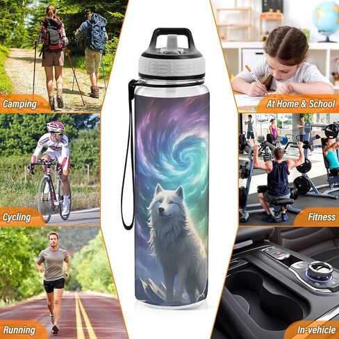 Water Bottle with Straw and Anti-dust Cover White Wolf on Mountain Top Drinking Bottle Tritan BPA-Free for School, Fitness, Gym, Camping, Outdoor Sports in Kuwait