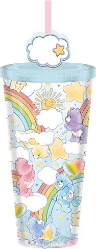 Silver Buffalo Care Bears Rainbow Plastic Cold Cup with Lid and Straw Topper Featuring Cheer Bear, Bedtime Bear, Funshine Bear, and Share Bear, 24 Ounces in Saudi Arabia