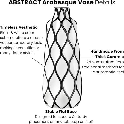 مزهرية توري وتاغوس مخططة بالأبيض والأسود للزهور - مزهرية مقاس 15 بوصة لديكور المنزل الباريسي مع نمط أرابيسك مرسومة يدويًا، مزهرية مصنوعة يدويًا باللونين الأبيض والأسود، مزهرية سيراميك ديكور ريفي فرنسي in Kuwait