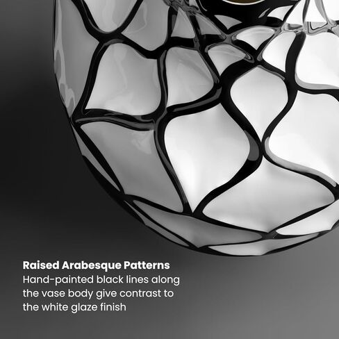 مزهرية توري وتاغوس مخططة بالأبيض والأسود للزهور - مزهرية مقاس 15 بوصة لديكور المنزل الباريسي مع نمط أرابيسك مرسومة يدويًا، مزهرية مصنوعة يدويًا باللونين الأبيض والأسود، مزهرية سيراميك ديكور ريفي فرنسي in Kuwait