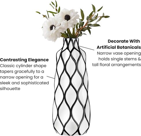 مزهرية توري وتاغوس مخططة بالأبيض والأسود للزهور - مزهرية مقاس 15 بوصة لديكور المنزل الباريسي مع نمط أرابيسك مرسومة يدويًا، مزهرية مصنوعة يدويًا باللونين الأبيض والأسود، مزهرية سيراميك ديكور ريفي فرنسي in Kuwait