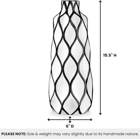 مزهرية توري وتاغوس مخططة بالأبيض والأسود للزهور - مزهرية مقاس 15 بوصة لديكور المنزل الباريسي مع نمط أرابيسك مرسومة يدويًا، مزهرية مصنوعة يدويًا باللونين الأبيض والأسود، مزهرية سيراميك ديكور ريفي فرنسي in Kuwait