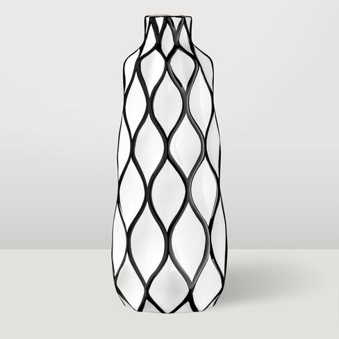مزهرية توري وتاغوس مخططة بالأبيض والأسود للزهور - مزهرية مقاس 15 بوصة لديكور المنزل الباريسي مع نمط أرابيسك مرسومة يدويًا، مزهرية مصنوعة يدويًا باللونين الأبيض والأسود، مزهرية سيراميك ديكور ريفي فرنسي in Kuwait