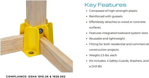 Tie Down Engineering Safety Guard Guardrail Base | Reusable Fall Protection Accessories| 4 pack with Washers & Drill Bit - Yellow in Kuwait