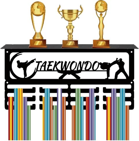 CREATCABIN Taekwondo Medal Hanger Display Trophy Medal Holder with Shelf Sports Iron Rack Wall Mount Hooks Frame Metal Medal Stand Organizer for Hanging Athlete Belt Medals Awards 15.7 x 7.9Inch Black in Saudi Arabia