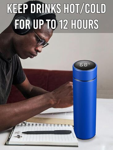 Water Bottle with LED Temperature Display Double Walled Vacuum Insulated Water Bottle Stainless Steel Automotive Travel Bottle BPA-free Leak Proof Keep Cold/Warm For 12H, White, SMB0001 in Saudi Arabia
