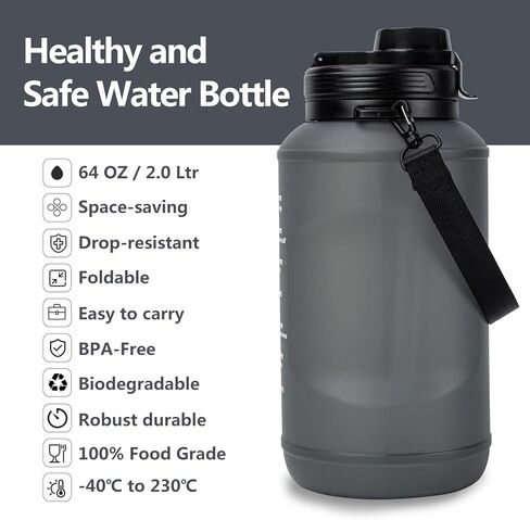 Collapsible Water Bottle, Reusable Silicone Foldable Leak Proof Portable Sports Travel Water Bottles (Black, 64oz) in Saudi Arabia
