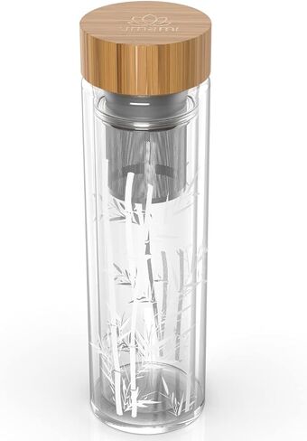 Umami Glass Water Bottle With Tea Infuser And Non Slip Sleeve. Double Wall Borosilicate. Travel Tumbler With Bamboo Lid. 17oz. Design: Bamboos in Saudi Arabia