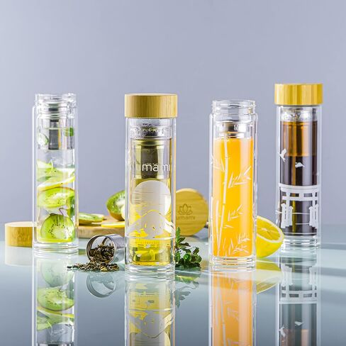 Umami Glass Water Bottle With Tea Infuser And Non Slip Sleeve. Double Wall Borosilicate. Travel Tumbler With Bamboo Lid. 17oz. Design: Bamboos in Saudi Arabia