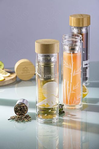 Umami Glass Water Bottle With Tea Infuser And Non Slip Sleeve. Double Wall Borosilicate. Travel Tumbler With Bamboo Lid. 17oz. Design: Bamboos in Saudi Arabia