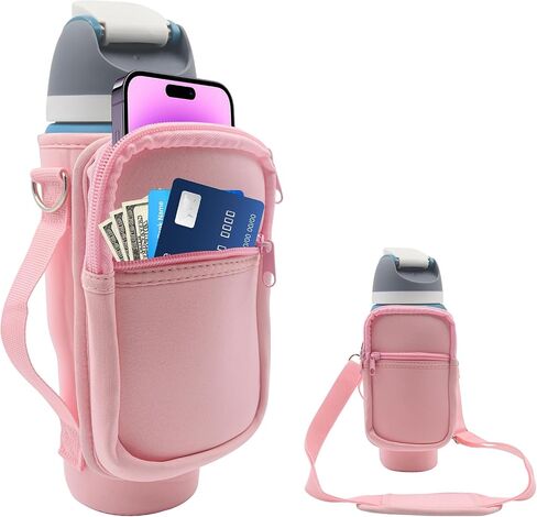 for Owala FreeSip Insulated Stainless Steel Water Bottle Cup Holder Cover Carrier Sling Bag with Strap, Pouch Pocket for Phone/Accessories, add Handle for Owala 24oz (Black-24oz) in Saudi Arabia
