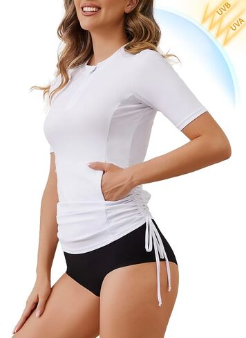 Bonneuitbebe Women's Short Sleeve Rash Guard Sun Protection Swim Shirt 1/4 Zip Lightweight SPF Shirt with Zip Pockets in Saudi Arabia