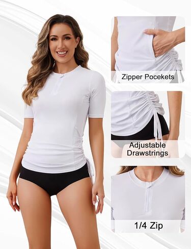 Bonneuitbebe Women's Short Sleeve Rash Guard Sun Protection Swim Shirt 1/4 Zip Lightweight SPF Shirt with Zip Pockets in Saudi Arabia
