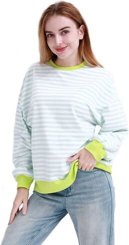 MAGICMK Womens Oversized Sweatshirt Long Sleeve Striped Crewneck Hoodies Shirts Trend Preppy Fall Women pullover tops in Saudi Arabia