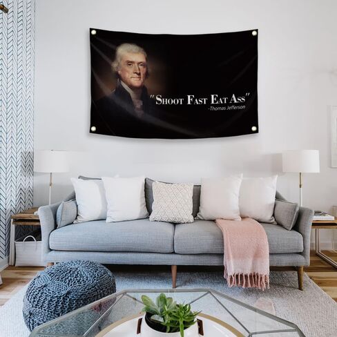 Thomas Jefferson Shoot Fast Flag Eat Ass Funny Quote,3X5FT Meme Tapestry Funny Man Cave Wall Flag for College Dorm Decor, Outdoor, Bedroom or Home Office Wall Decor Banner Gift in Saudi Arabia