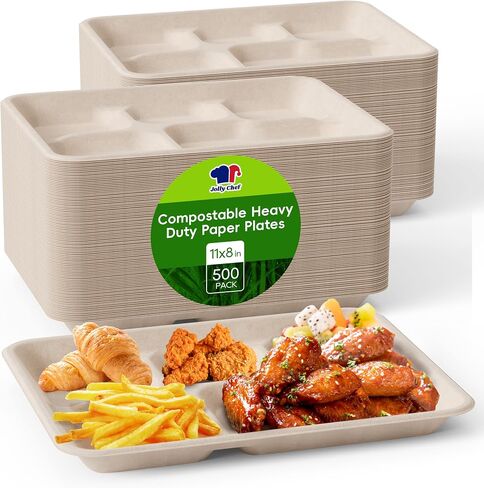 JOLLY CHEF Compostable 5 Compartment Paper Plates 11 * 8 inch [100 Pack] Heavy Duty Natural Divided Disposable Plate Eco-Friendly Biodegradable Plate Food Trays for Party Dinner Lunch Buffet in Kuwait