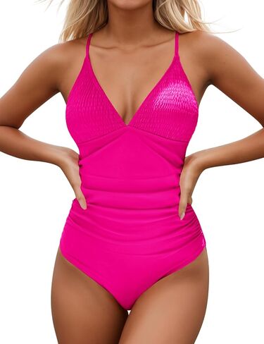 Women's One Piece Swimsuits Tummy Control V Neck Smocked Tie Back Bathing Suits in Saudi Arabia