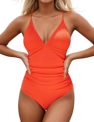 Women's One Piece Swimsuits Tummy Control V Neck Smocked Tie Back Bathing Suits in Saudi Arabia