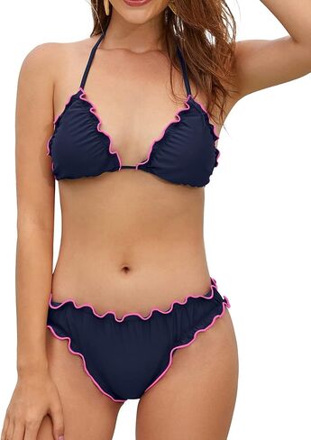 SHEKINI Women's Halter Triangle Bikini Frilly Trim Bathing Suit Two Piece Swimsuit in Saudi Arabia