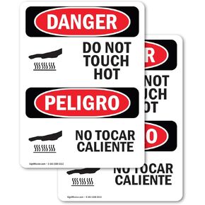 (2 Pack) Do Not Touch Hot Bilingual OSHA Danger Sign 5 Inch X 7 Inch Vinyl Label Decal Sticker Weather Resistant, UV Protected for Workplace, Business, and Construction Site, Made in the USA