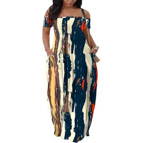 Women's 3D Print Off Shoulder Camouflage Boho Maxi Dress Summer Beach Long Dresses