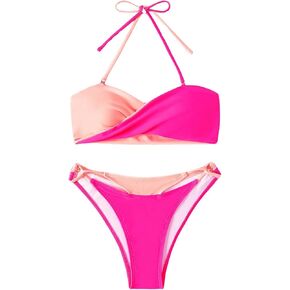 OYOANGLE Women's 2 Piece Set Color Block Twist Front Halter Neck High Cut Bikini Swimsuit