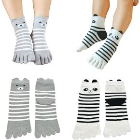 2 Pairs Cotton Split Tabi Toe Five Finger Socks Elastic Cartoon Bear Seperated Socks for Kids Boys Girls 3-12 Years