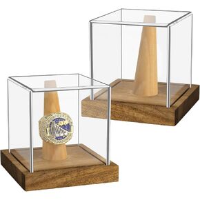 2 Pack Championship Ring Display Case, Clear Acrylic Single Ring Holder with Wood Stand Base 1 Slot Ring Hole Storage for Sports Basketball Baseball Fan Souvenirs Military, UV Protection 3.94 Inch