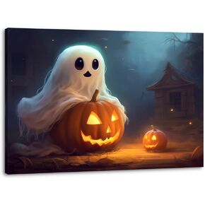 daktenn Halloween Canvas Wall Art, Cute Floral Ghost In Haunted Forest Poster, Funny Dark Romantic Ghost Print Decorations, Dark Academia Halloween Pictures Wall Decor 12x16in White1