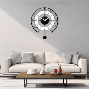 Pendulum Clock, 20X23 Inch Large Wall Clock Silent Non Ticking Battery Operated, Indoor Outdoor Oversized Modern Black White Wood Metal Skeleton Clock for Living Room, Bedroom,Patio, Pool Area