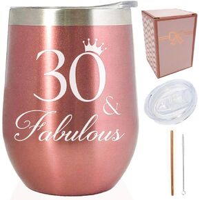 30 & Fabulous - 30th Birthday, Christmas, New Year Present for her-12 oz Rose Gold Stainless Steel Wine Tumbler/Coffee Cup/Mug/Glass w/Lid & Straw, Funny Sayings Idea for Women Sister Friend BFF Wife in Saudi Arabia