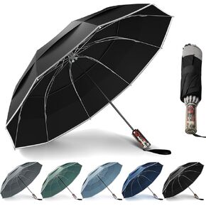 Urvoix Compact Golf Umbrellas Windproof, Travel Umbrella for Rain, 10 Ribs Aluminum Alloy & Fiberglass w/Reflective Stripe, Double Canopy Automatic Anti-bounce Close