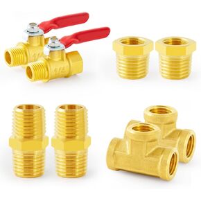 ChillWaves 1/4" NPT Brass Pipe Fitting Kit, 2 × Ball Valve，2 × Hex Bushing，2 × Hex Nipple，2 × Tee，Air Hose Fiting Kit Thread Adapter(8-PACK)