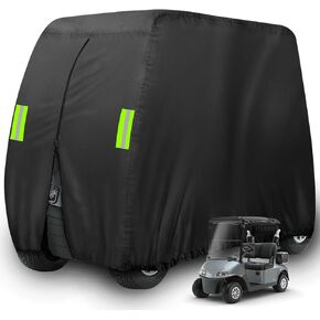 4 Passenger Golf Cart Cover Fits EZGO, Club Car, Yamaha,Waterproof, Windproof Sunproof, Outdoor All-weather Polyester Full Cover with 4 Reflective Strips (Black, Fit for 2+2/4 Passenger Cart)