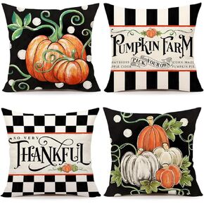 4TH Emotion Fall Pillow Covers 18 x 18 Inch Set of 4, Thanksgiving Polka Dot Farmhouse Decorations Orange Pumpkin Outdoor Autumn Thankful Pillows Decorative Cushion Case for Home Decor S24F08