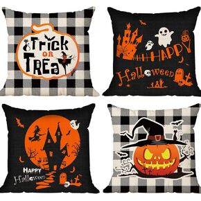 Set of 4 Happy Halloween Throw Pillow Covers 18 x 18, Buffalo Check Pumpkin Decorative Pillowcases, Festive Ghost Bat Caster Trick or Treat Decorations for Farmhouse